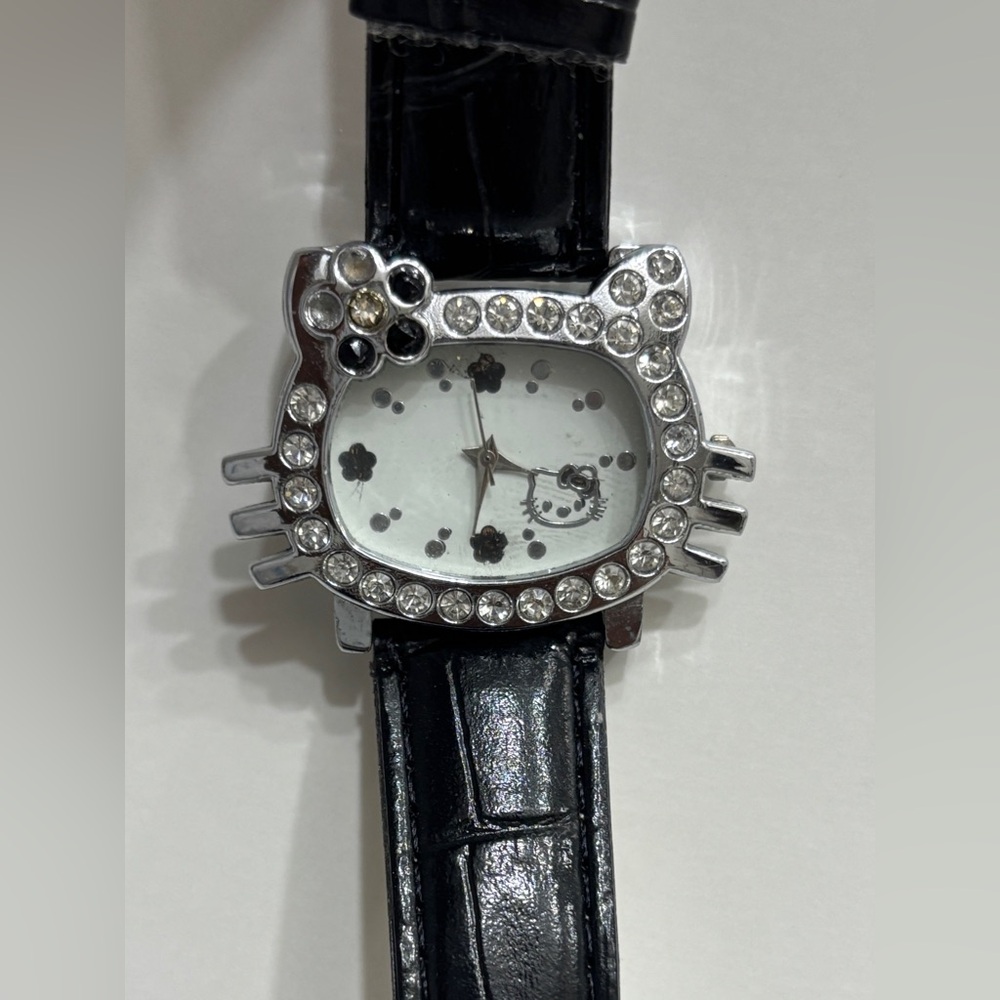 Hello Kitty Women’s Watch with Rhinestone Crystals Black Band-Needs Batteries